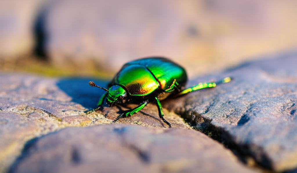Macro photograph of a beetle on cobblestone in a Polish city